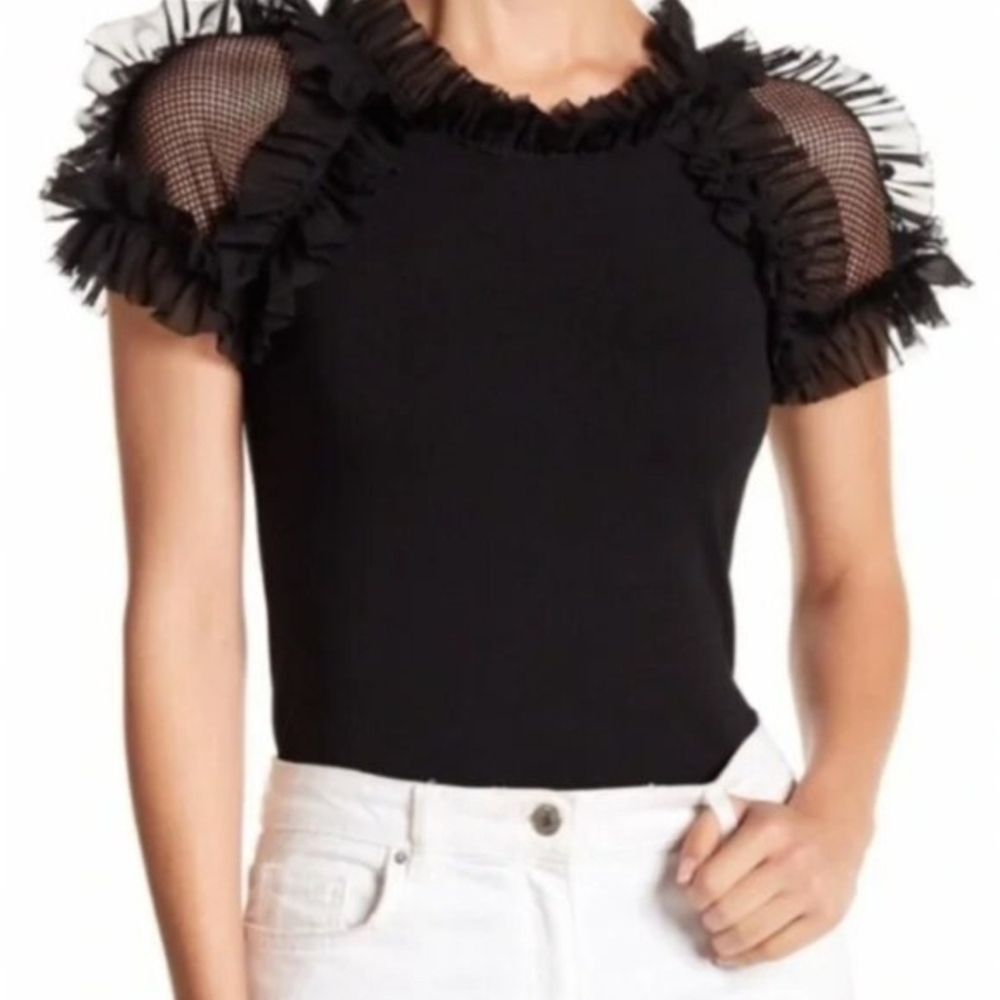Sioni Ruffle Sleeve Top Black Small Round High Collar Sheer Puff Knit Sweater
